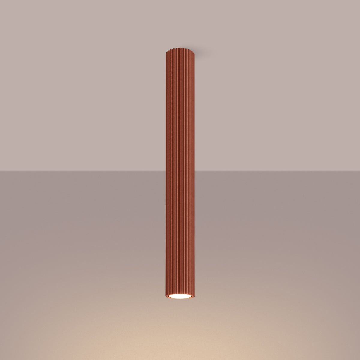 Red Ochre Pillar Ribbed Cylinder Ceiling Light 60cm switched on in modern UK home interior, warm LED glow