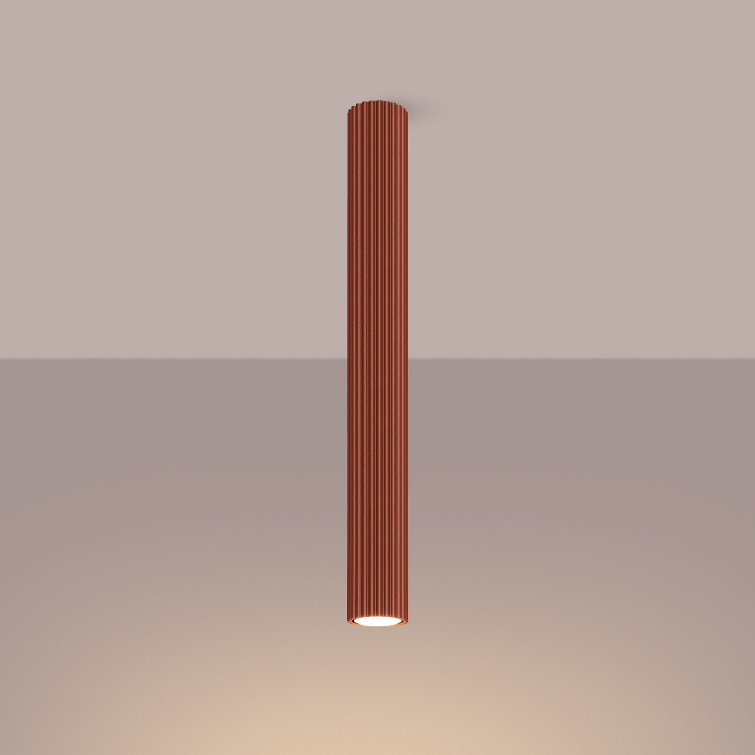 Red Ochre Pillar Ribbed Cylinder Ceiling Light 60cm switched on in modern UK home interior, warm LED glow