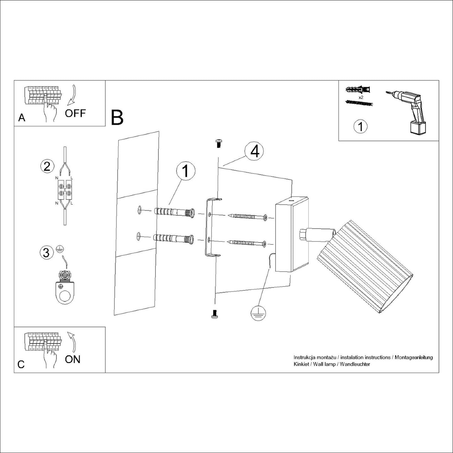 Black Ribbed Tube Wall Light technical view and dimensions reference