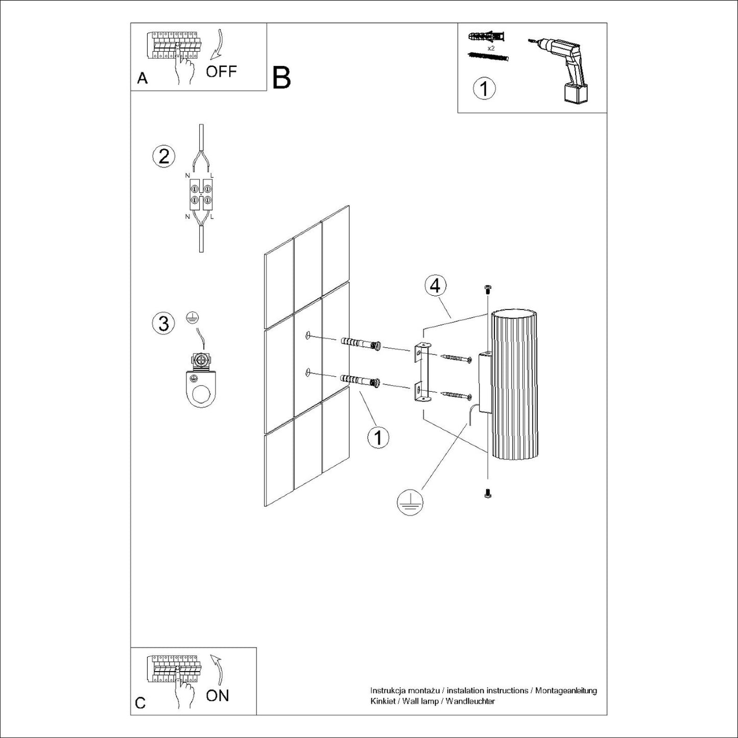 Olive Green Ribbed Up Down Wall Light technical view and dimensions reference