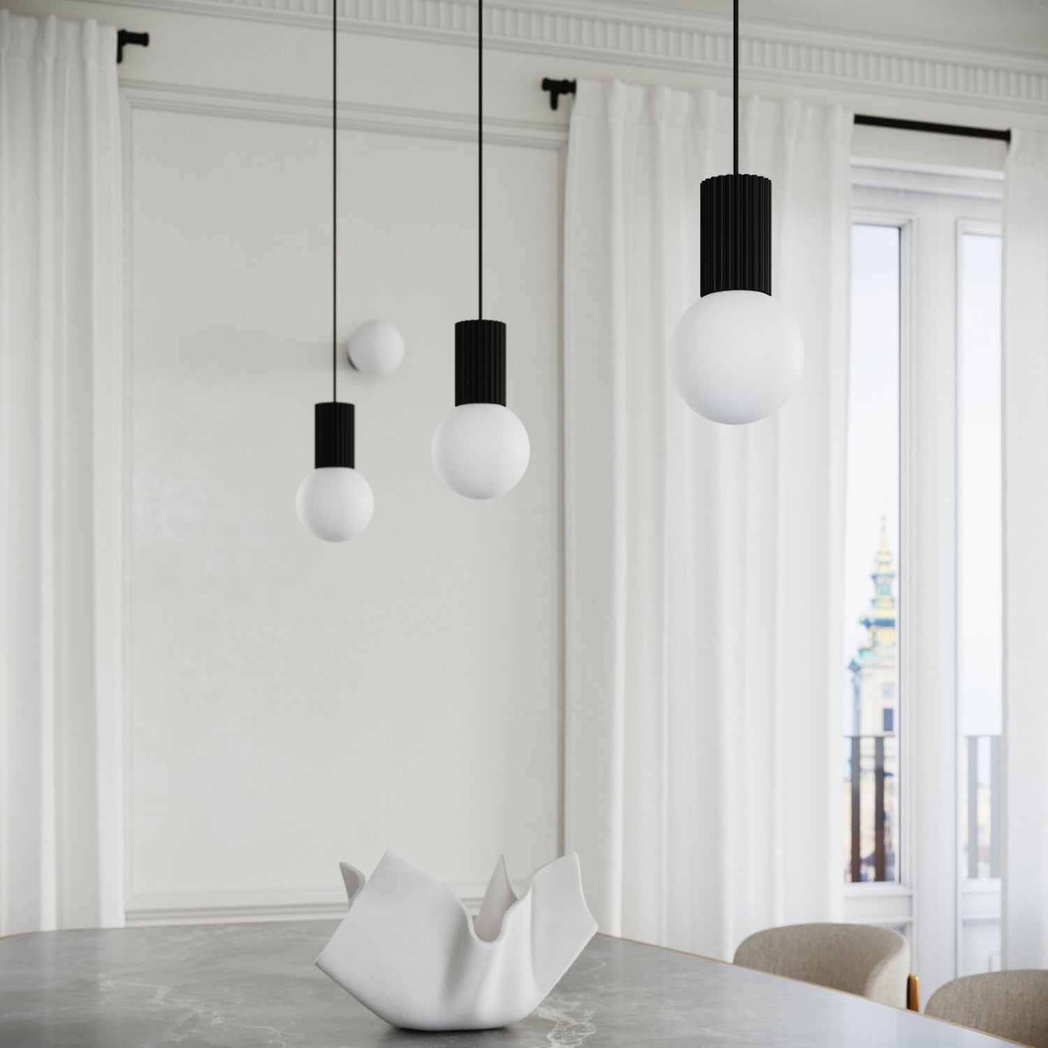 Peach Triple Glass Globe Pendant Cluster technical view and dimensions reference