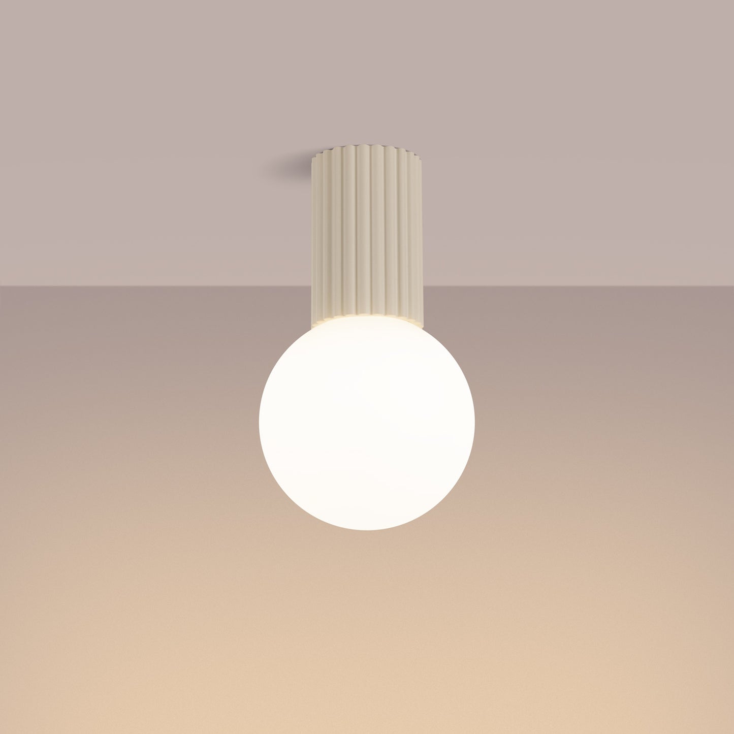 Beige Opal Glass Globe Ceiling Light IP44 switched on in modern UK home interior, warm LED glow