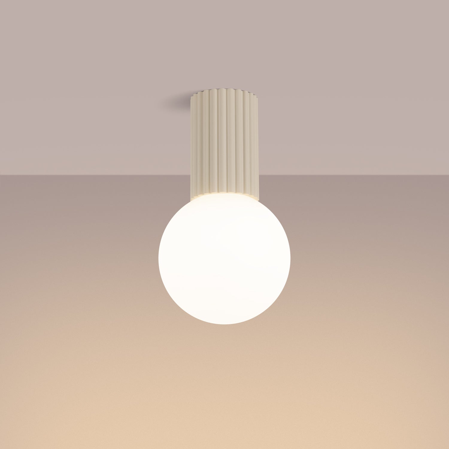 Beige Opal Glass Globe Ceiling Light IP44 switched on in modern UK home interior, warm LED glow