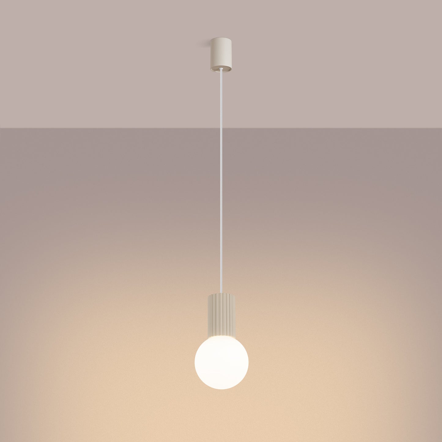 Beige Opal Glass Globe Pendant Light switched on in modern UK home interior, warm LED glow