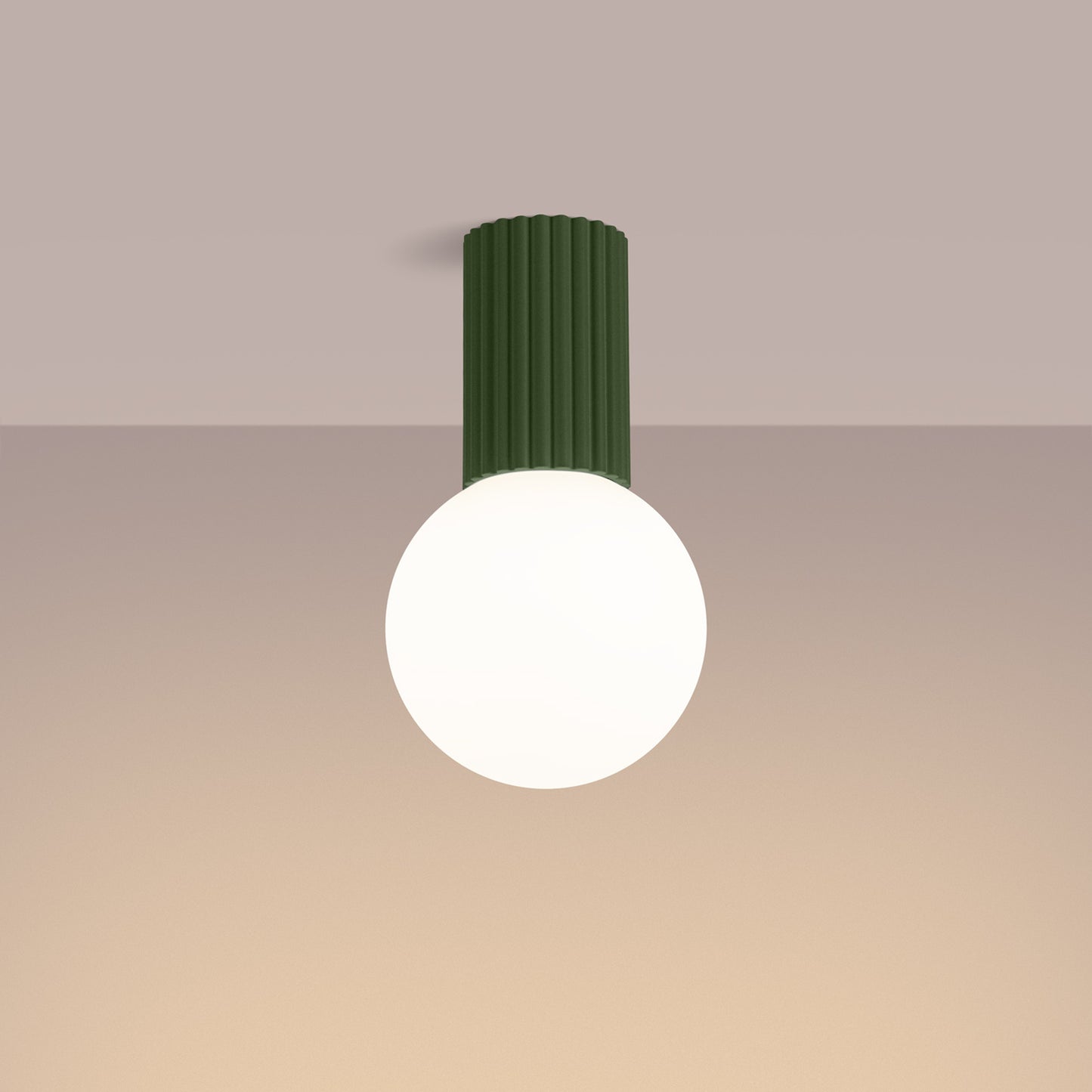 Olive Green Opal Glass Globe Ceiling Light IP44 switched on in modern UK home interior, warm LED glow