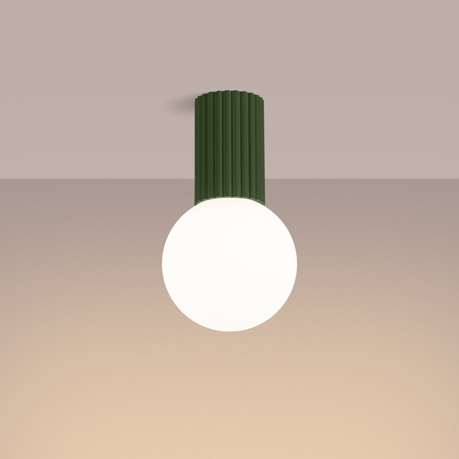 Olive Green Opal Glass Globe Ceiling Light IP44 switched on in modern UK home interior, warm LED glow