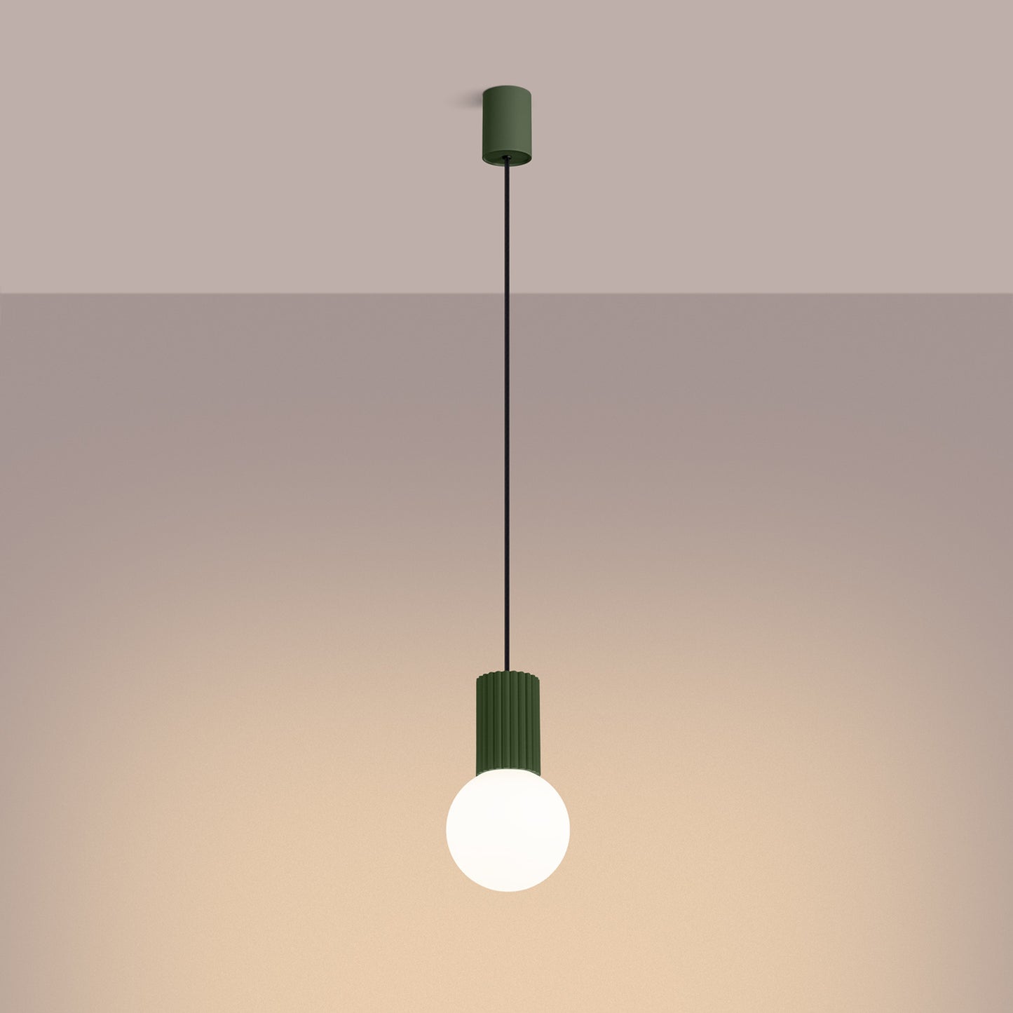 Olive Green Opal Glass Globe Pendant Light switched on in modern UK home interior, warm LED glow
