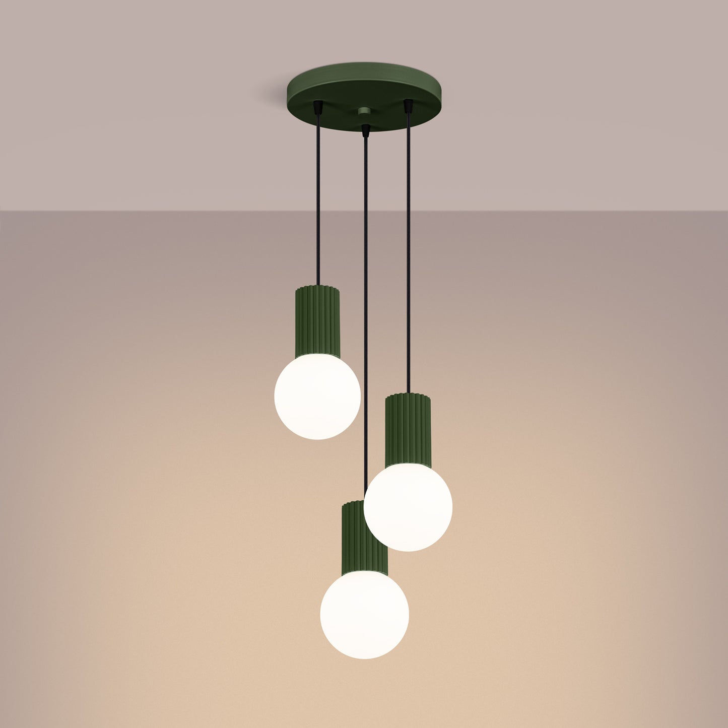 Olive Green Triple Glass Globe Pendant Cluster switched on in modern UK home interior, warm LED glow