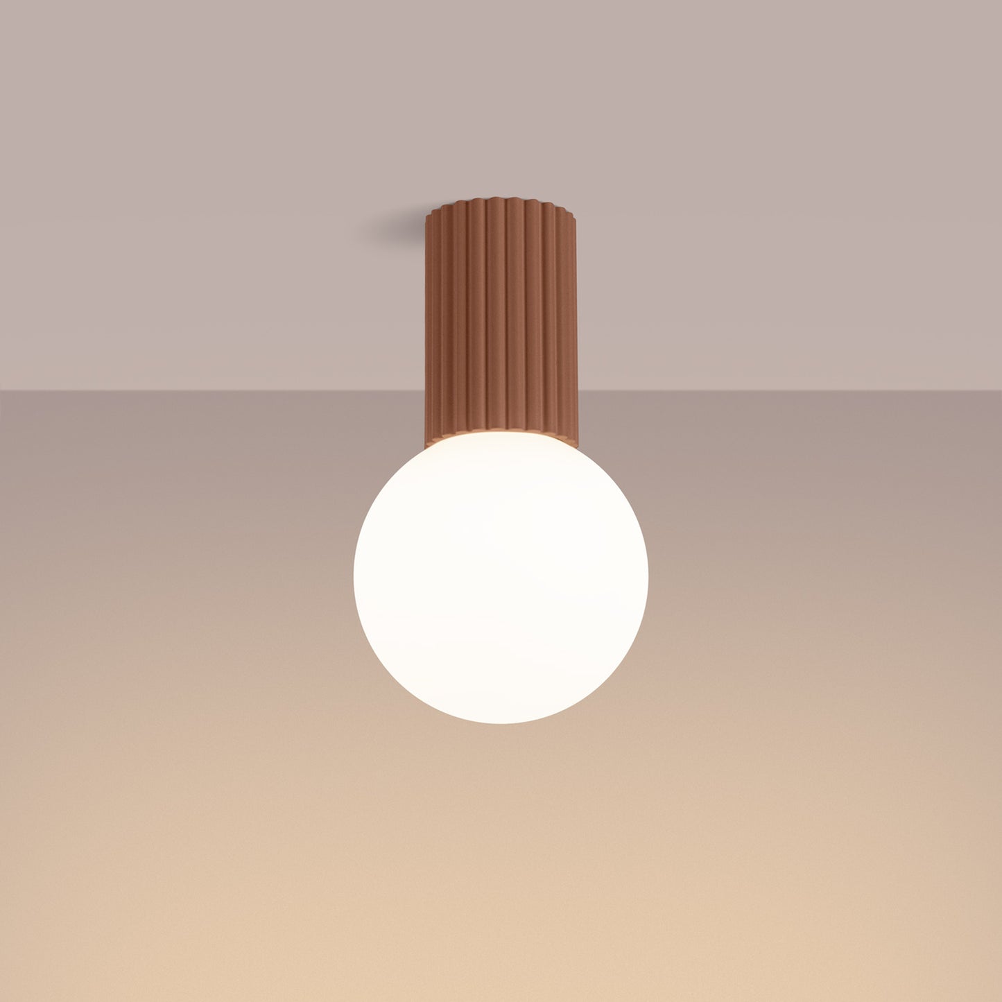 Mocha Opal Glass Globe Ceiling Light IP44 switched on in modern UK home interior, warm LED glow