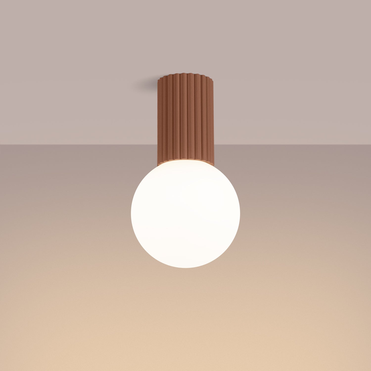Mocha Opal Glass Globe Ceiling Light IP44 switched on in modern UK home interior, warm LED glow