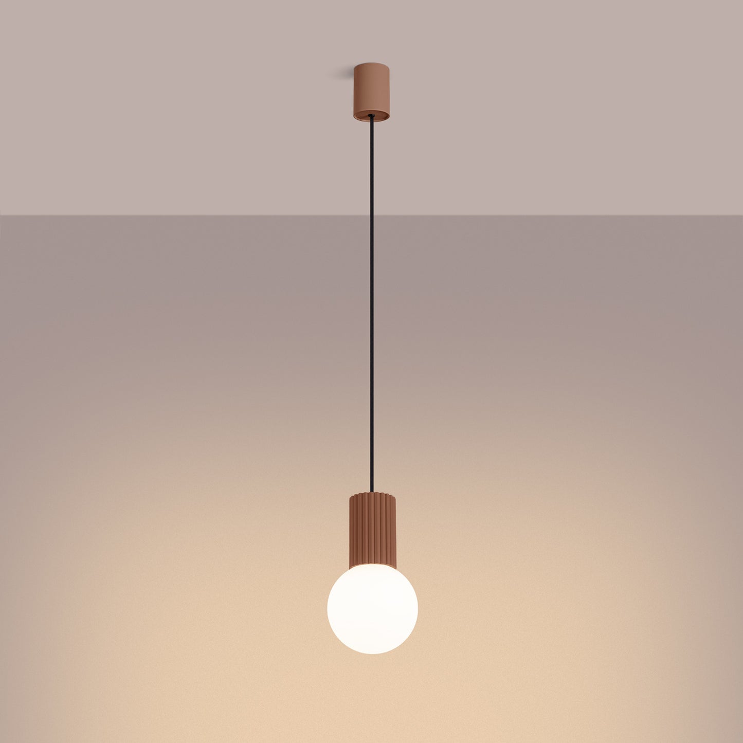 Mocha Opal Glass Globe Pendant Light switched on in modern UK home interior, warm LED glow