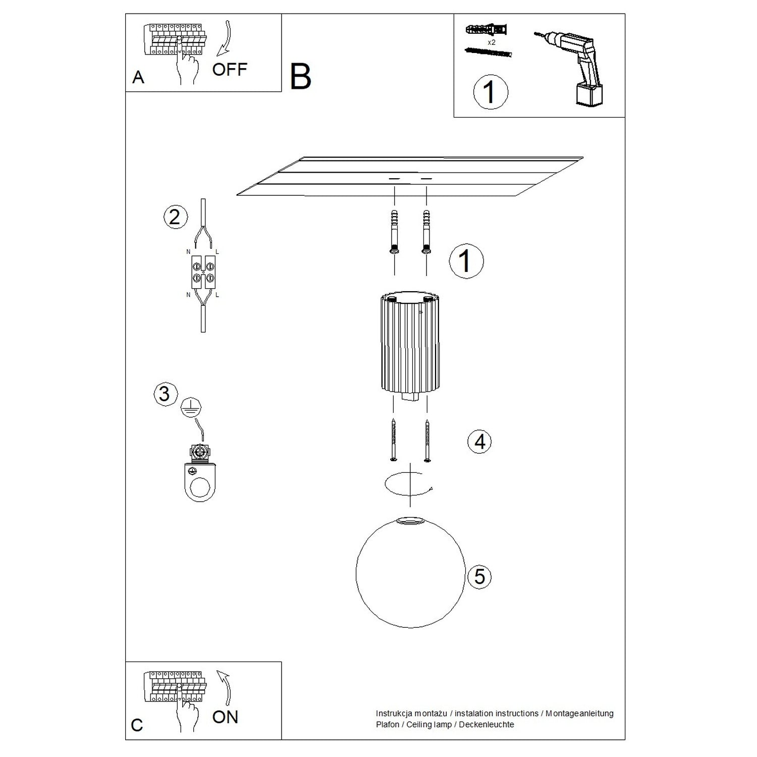 Ultramarine Opal Glass Globe Ceiling Light IP44 technical view and dimensions reference