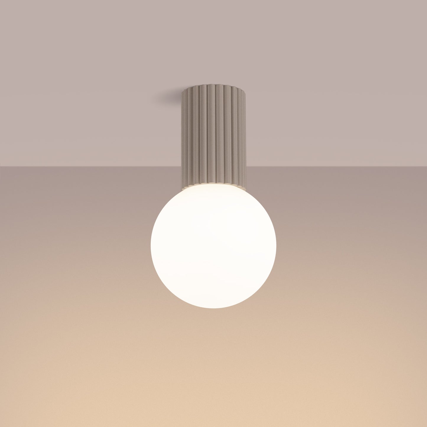 Taupe Opal Glass Globe Ceiling Light IP44 switched on in modern UK home interior, warm LED glow