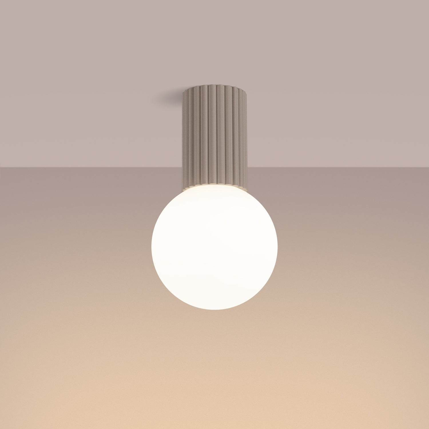 Taupe Opal Glass Globe Ceiling Light IP44 switched on in modern UK home interior, warm LED glow