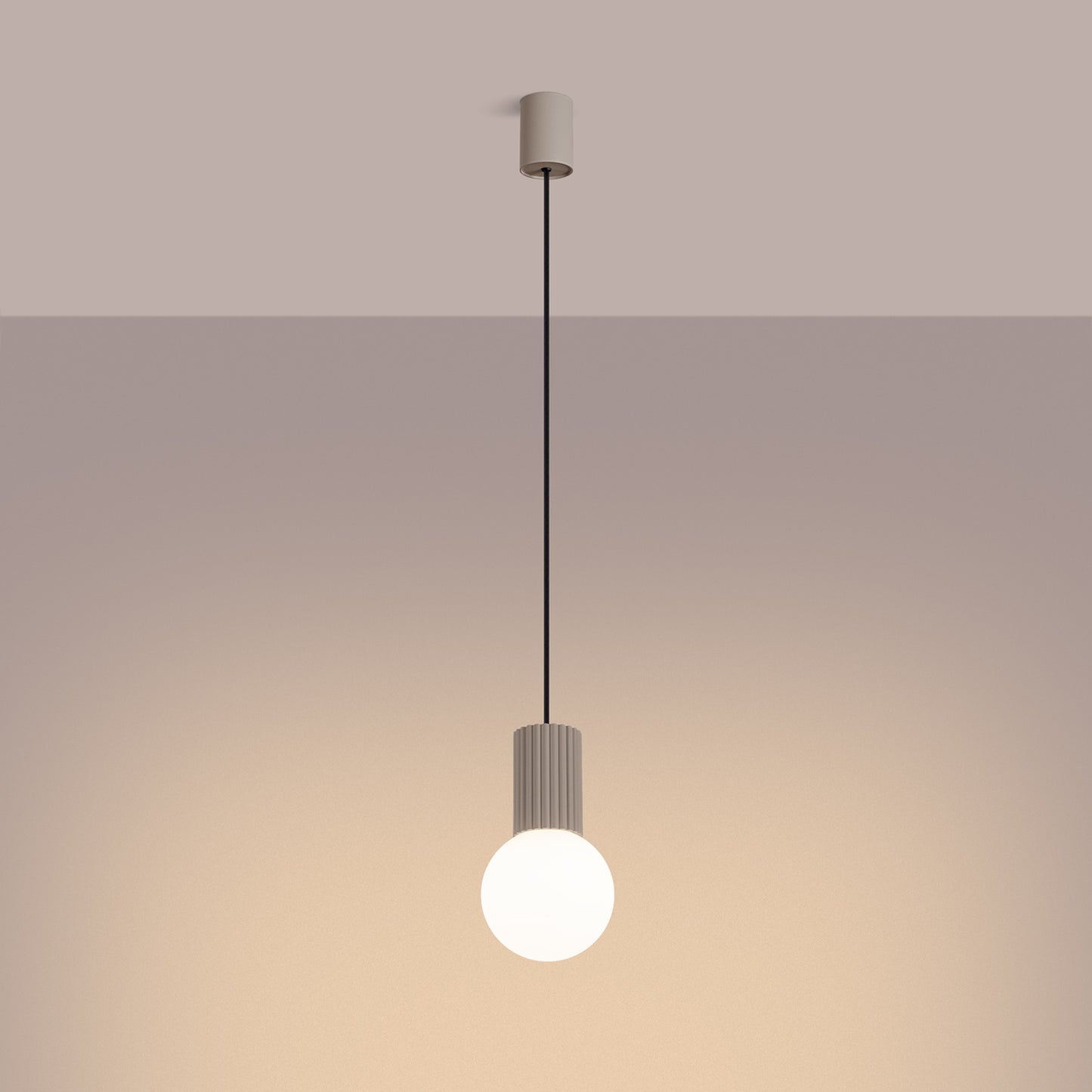 Taupe Opal Glass Globe Pendant Light switched on in modern UK home interior, warm LED glow