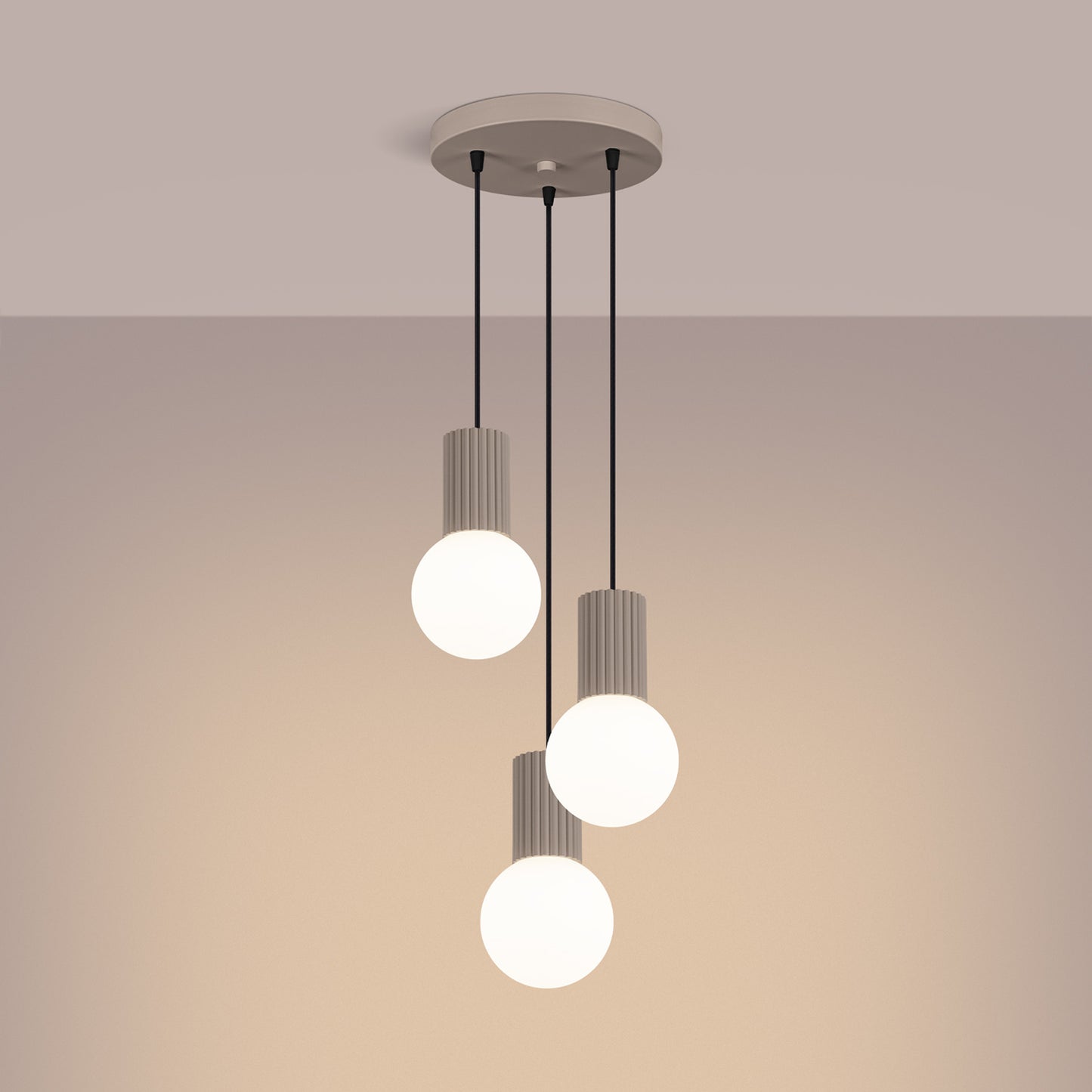 Taupe Triple Glass Globe Pendant Cluster switched on in modern UK home interior, warm LED glow