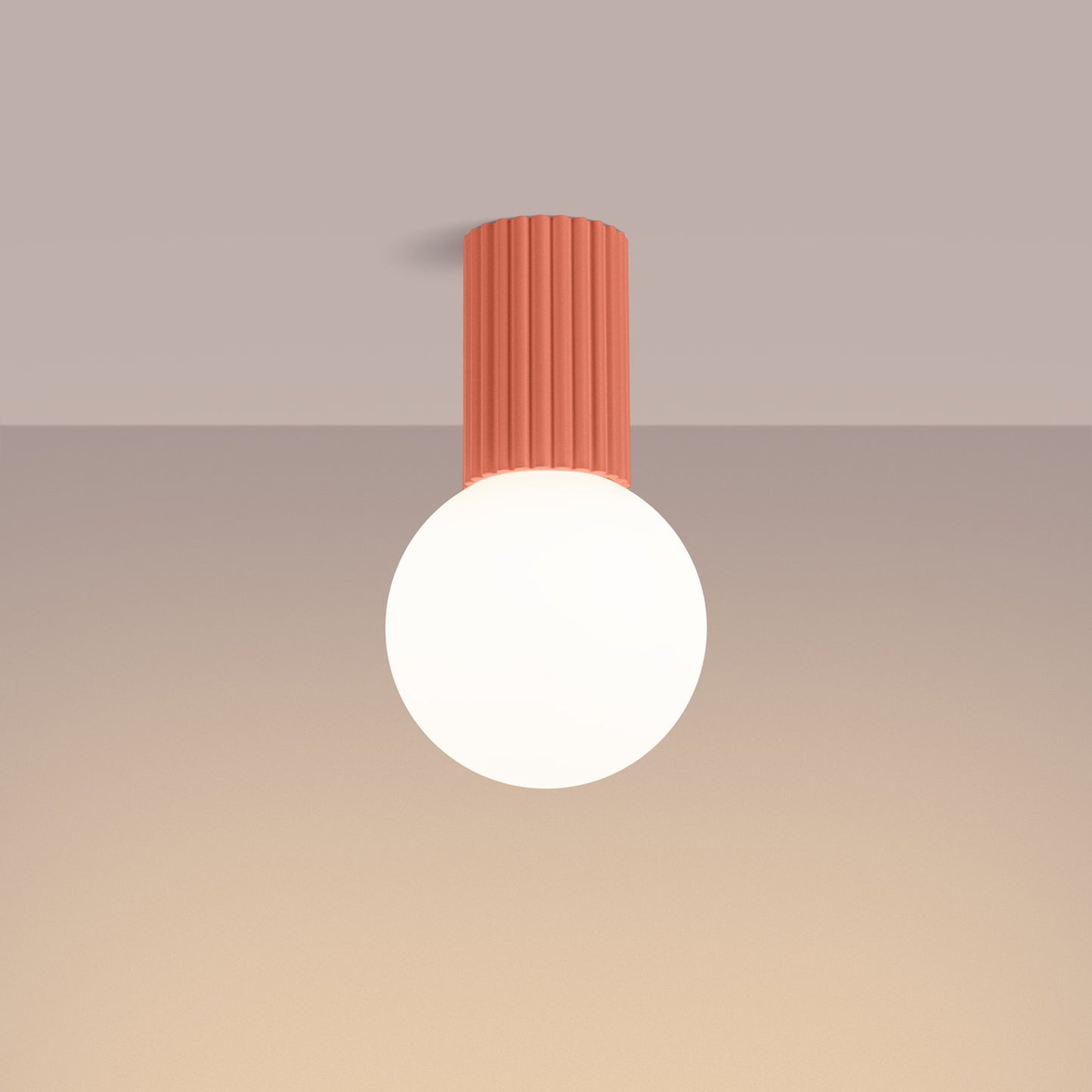 Peach Opal Glass Globe Ceiling Light IP44 switched on in modern UK home interior, warm LED glow