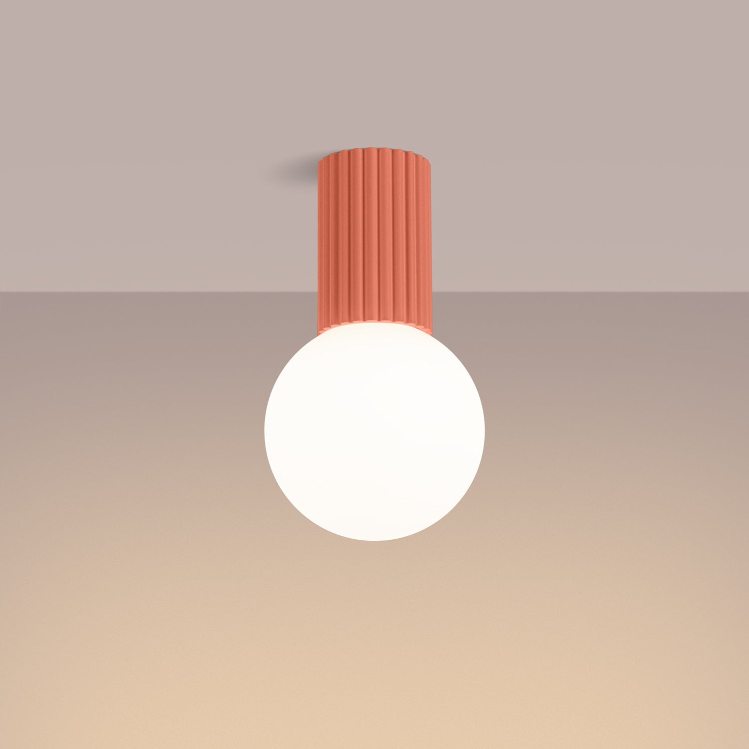 Peach Opal Glass Globe Ceiling Light IP44 switched on in modern UK home interior, warm LED glow