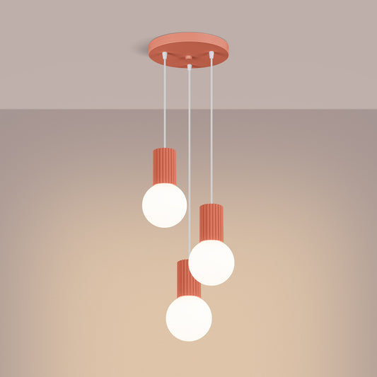 Peach Triple Glass Globe Pendant Cluster switched on in modern UK home interior, warm LED glow