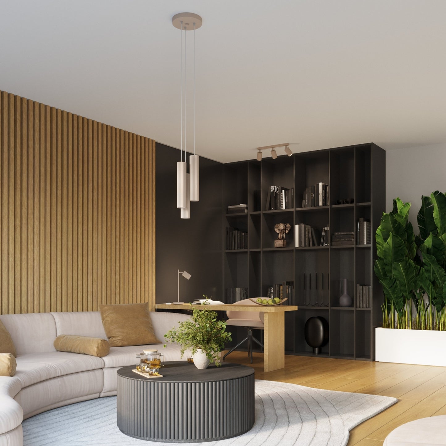 Gold Ribbed Cylinder Pendant Light technical view and dimensions reference