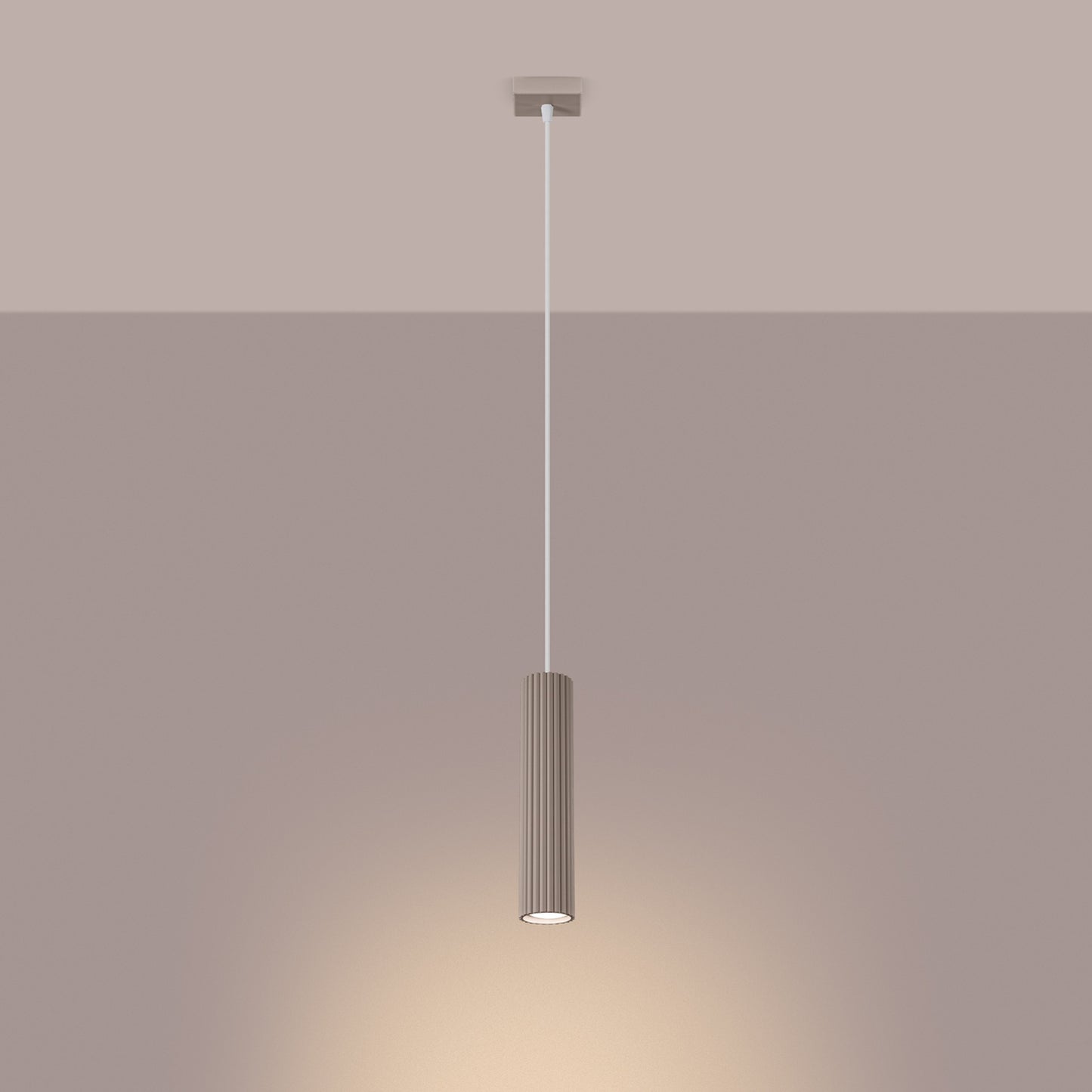 Taupe Ribbed Cylinder Pendant Light switched on in modern UK home interior, warm LED glow
