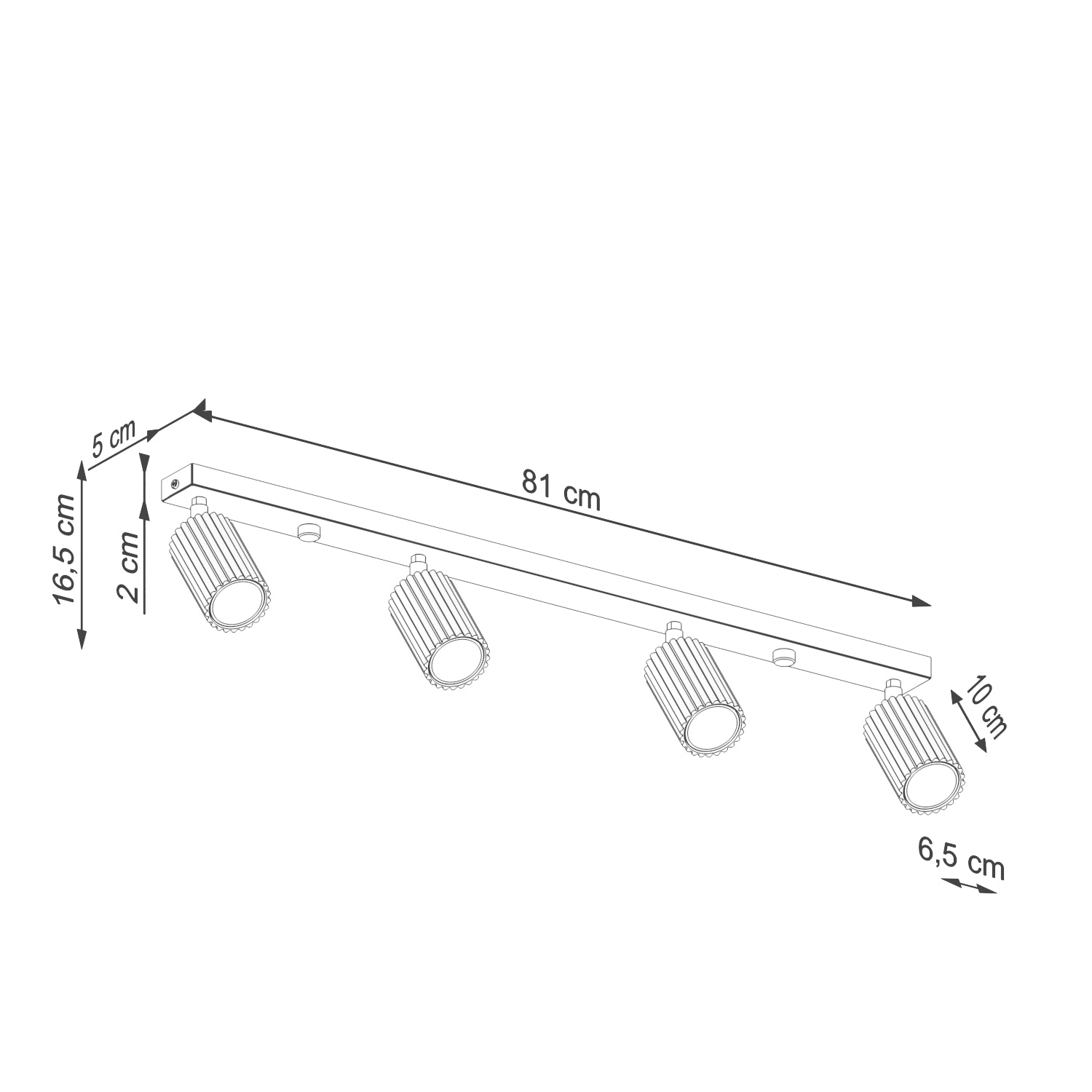 Beige Four Light Ribbed Spotlight Bar technical view and dimensions reference