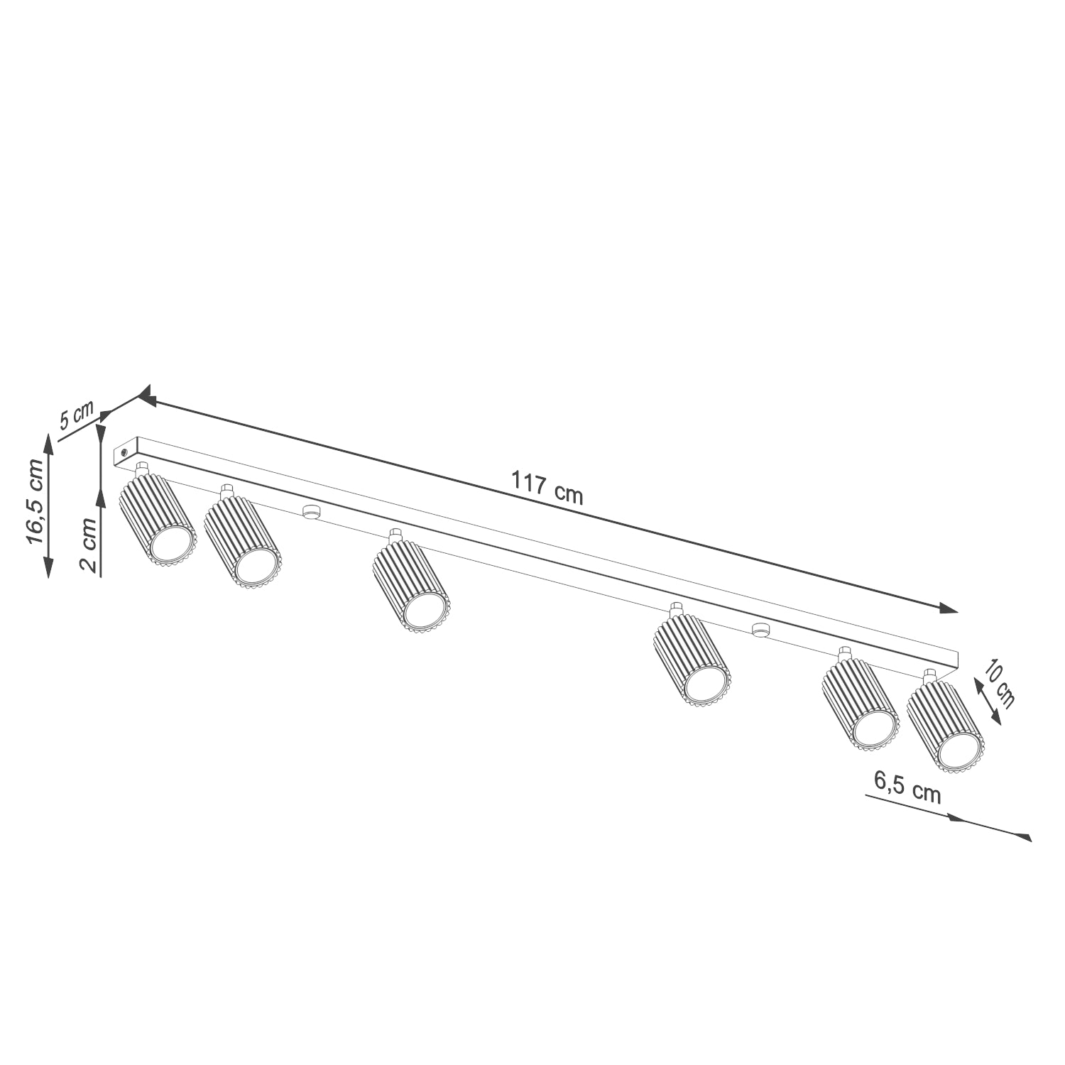 Black Six Light Ribbed Spotlight Bar technical view and dimensions reference