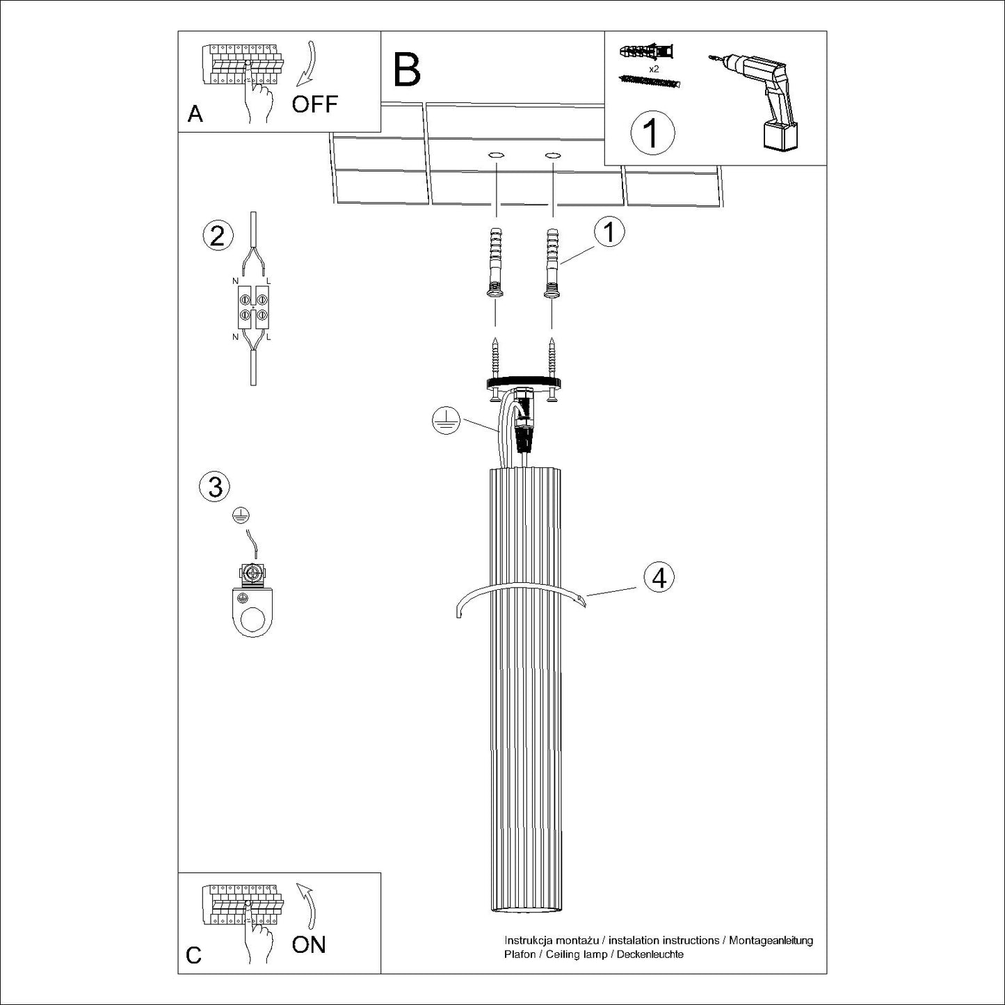 White Pillar Ribbed Cylinder Ceiling Light 60cm technical view and dimensions reference