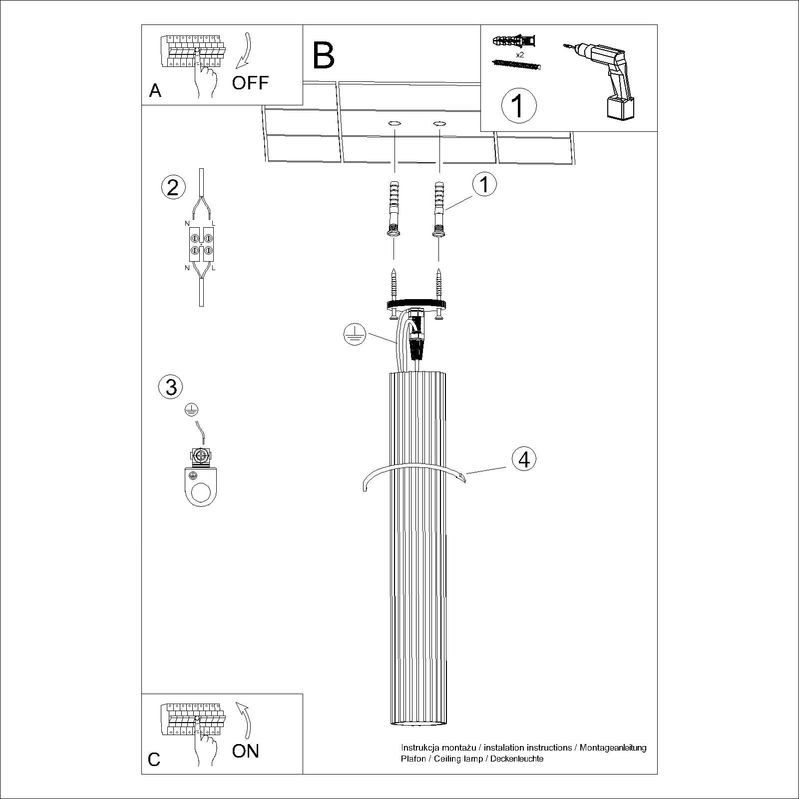 White Pillar Ribbed Cylinder Ceiling Light 60cm technical view and dimensions reference