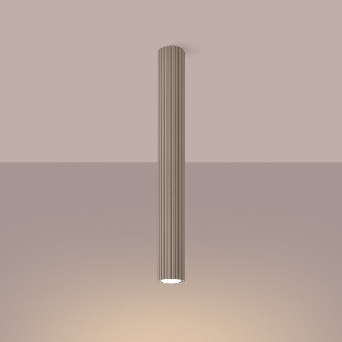 Taupe Pillar Ribbed Cylinder Ceiling Light 60cm switched on in modern UK home interior, warm LED glow