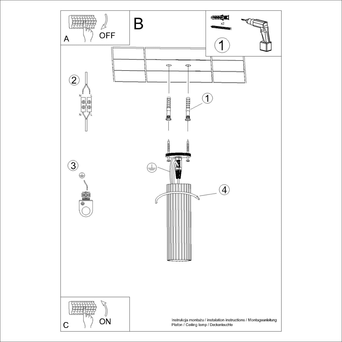 White Ribbed Tube Ceiling Spotlight 20cm technical view and dimensions reference