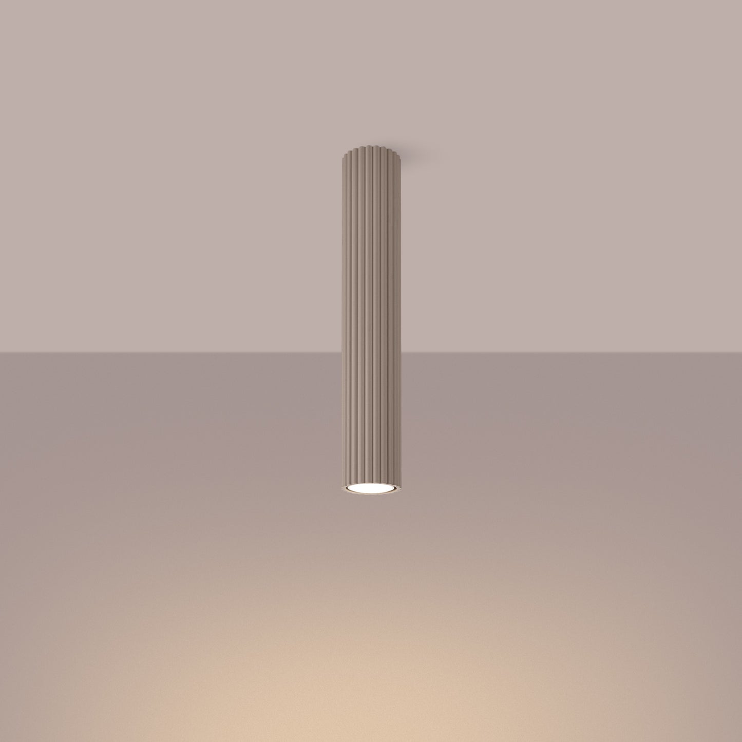 Taupe Extra Tall Ribbed Cylinder Ceiling Light switched on in modern UK home interior, warm LED glow