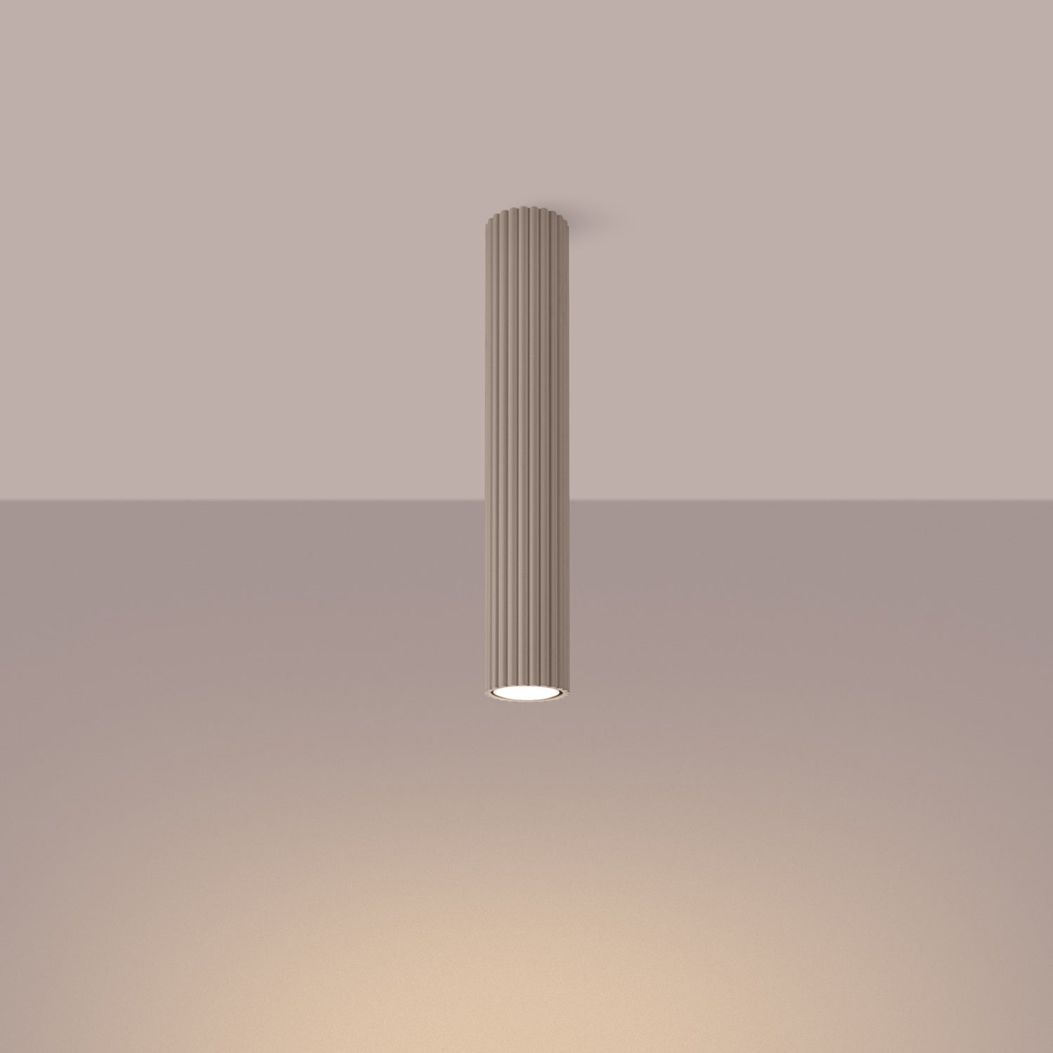 Taupe Extra Tall Ribbed Cylinder Ceiling Light switched on in modern UK home interior, warm LED glow