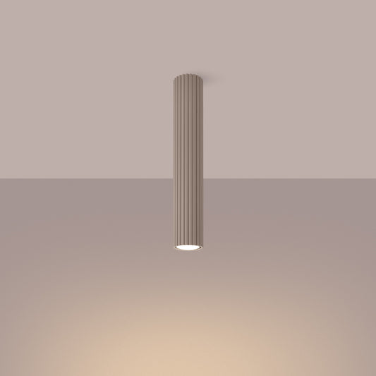 Taupe Extra Tall Ribbed Cylinder Ceiling Light switched on in modern UK home interior, warm LED glow