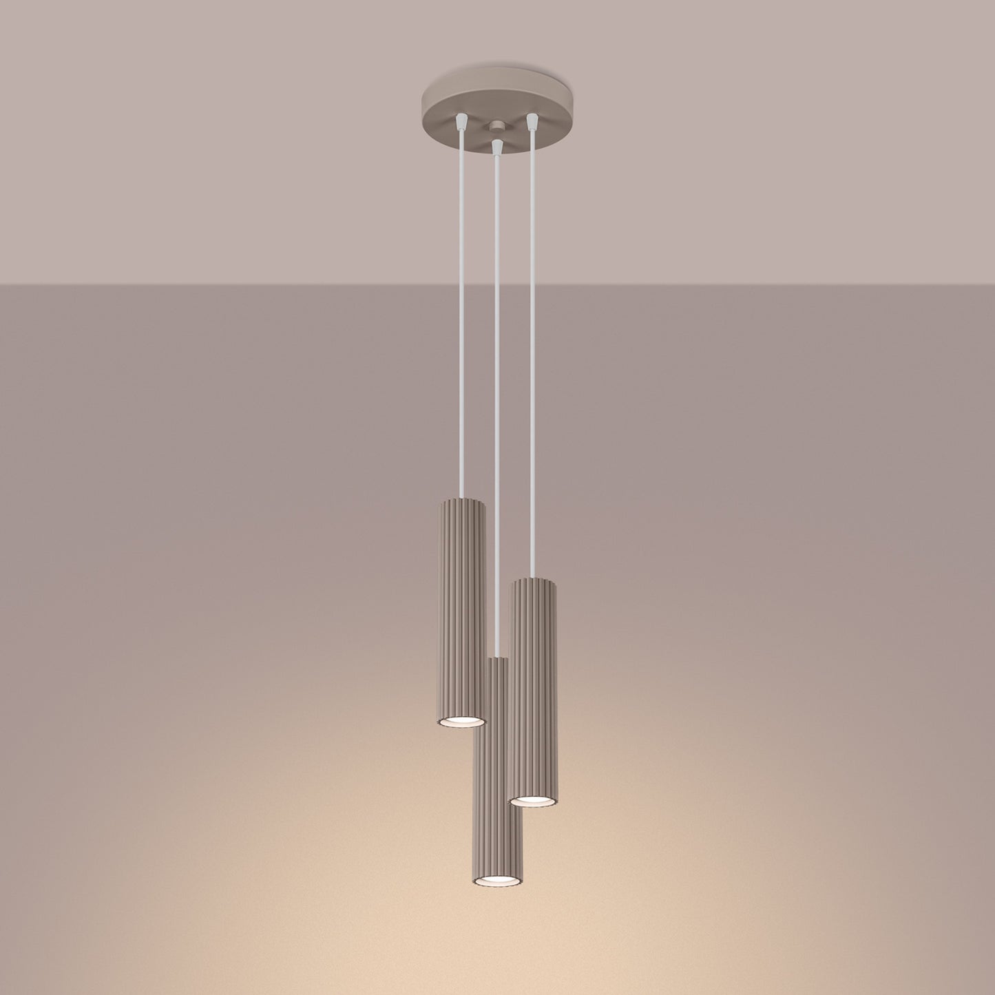Taupe Triple Ribbed Pendant Cluster switched on in modern UK home interior, warm LED glow