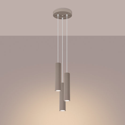 Taupe Triple Ribbed Pendant Cluster switched on in modern UK home interior, warm LED glow