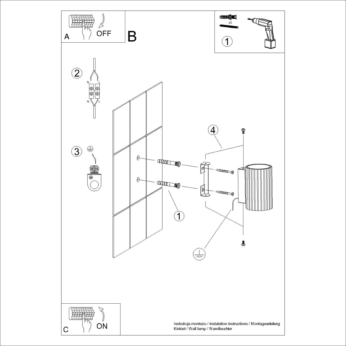 Gold Mini Ribbed Cylinder Wall Light technical view and dimensions reference