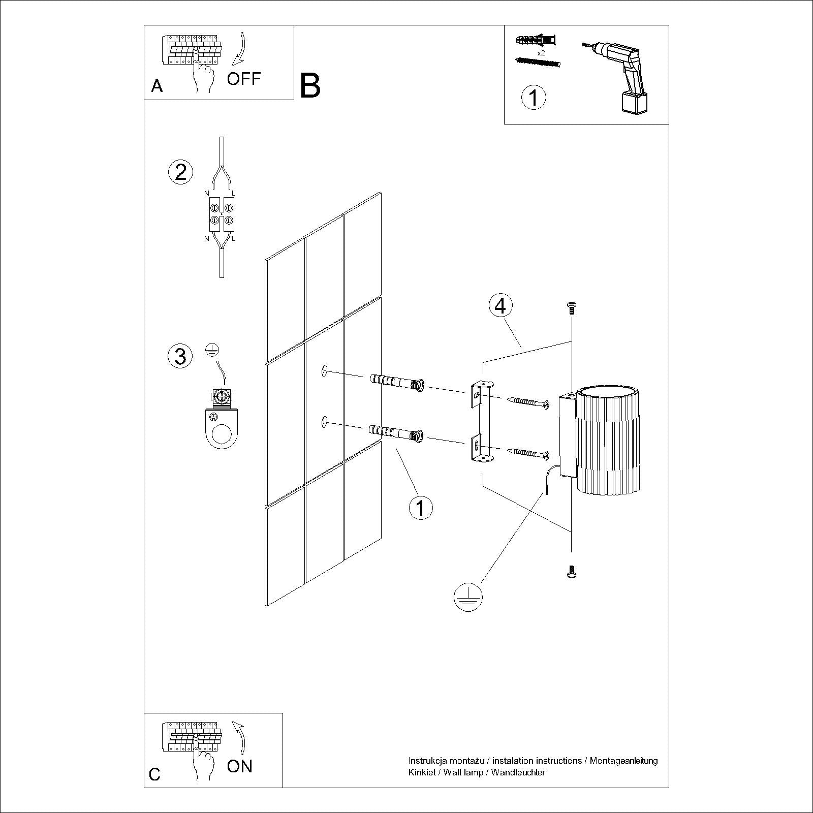 Gold Mini Ribbed Cylinder Wall Light technical view and dimensions reference