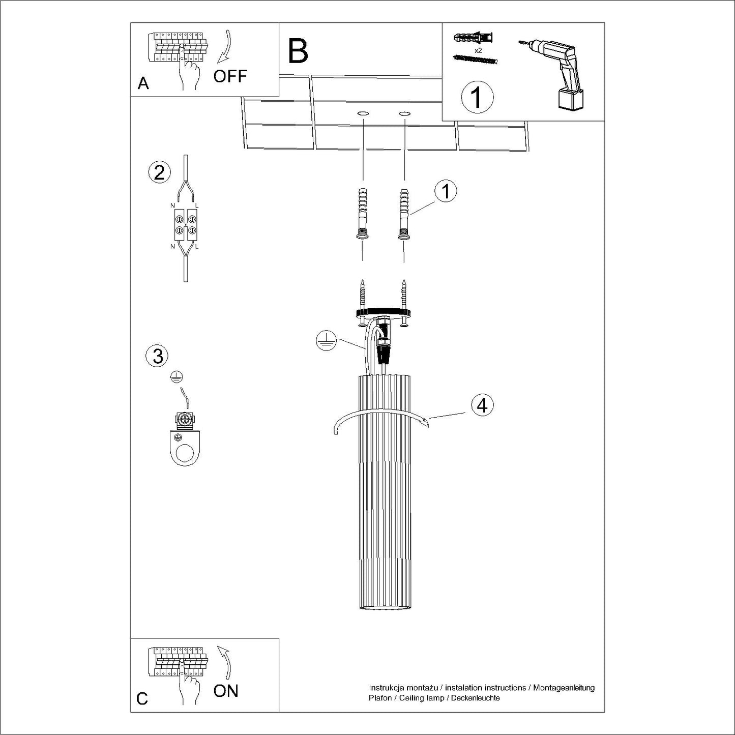 Black Tall Ribbed Cylinder Ceiling Spotlight technical view and dimensions reference