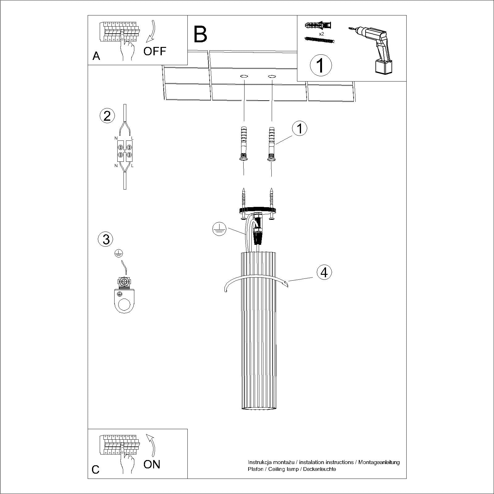 Black Tall Ribbed Cylinder Ceiling Spotlight technical view and dimensions reference