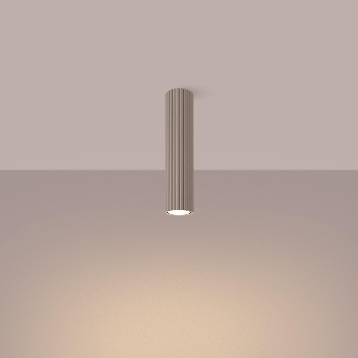 Taupe Tall Ribbed Cylinder Ceiling Spotlight switched on in modern UK home interior, warm LED glow