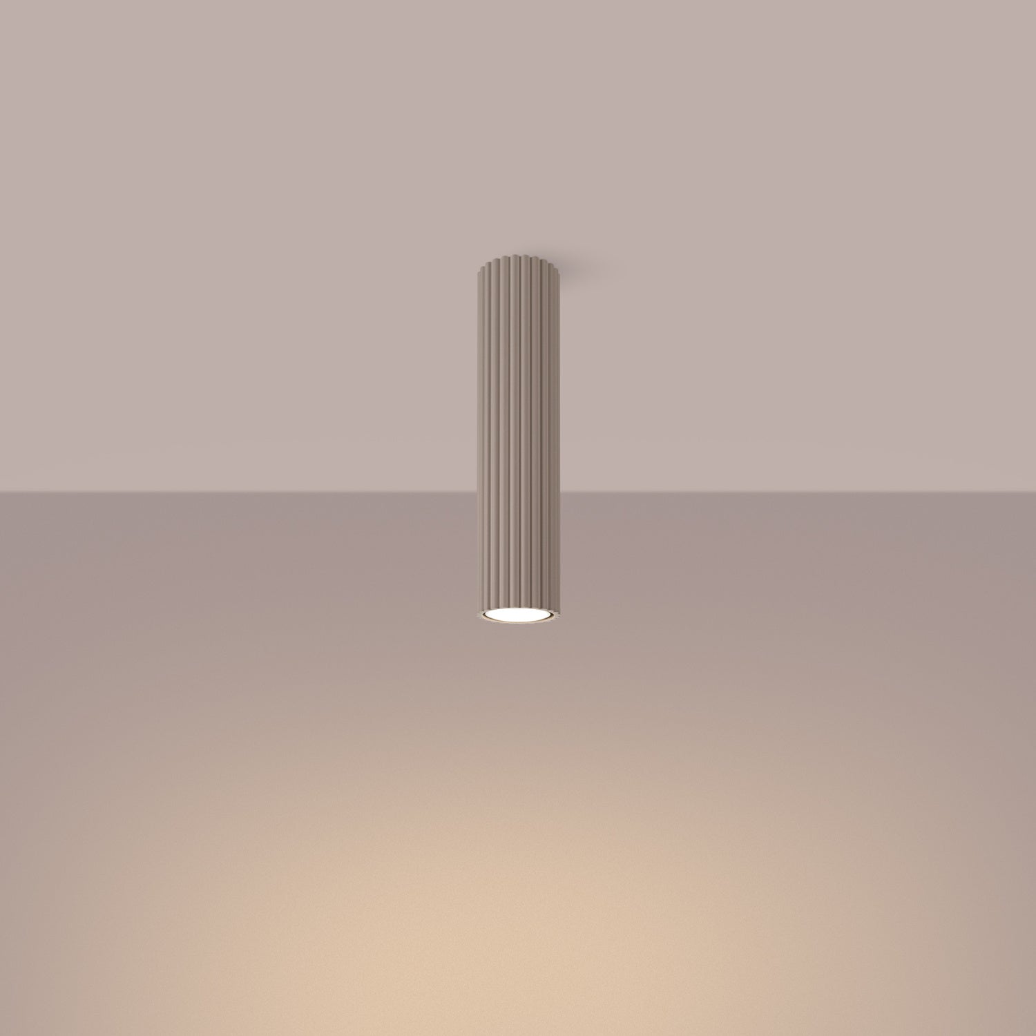 Taupe Tall Ribbed Cylinder Ceiling Spotlight switched on in modern UK home interior, warm LED glow