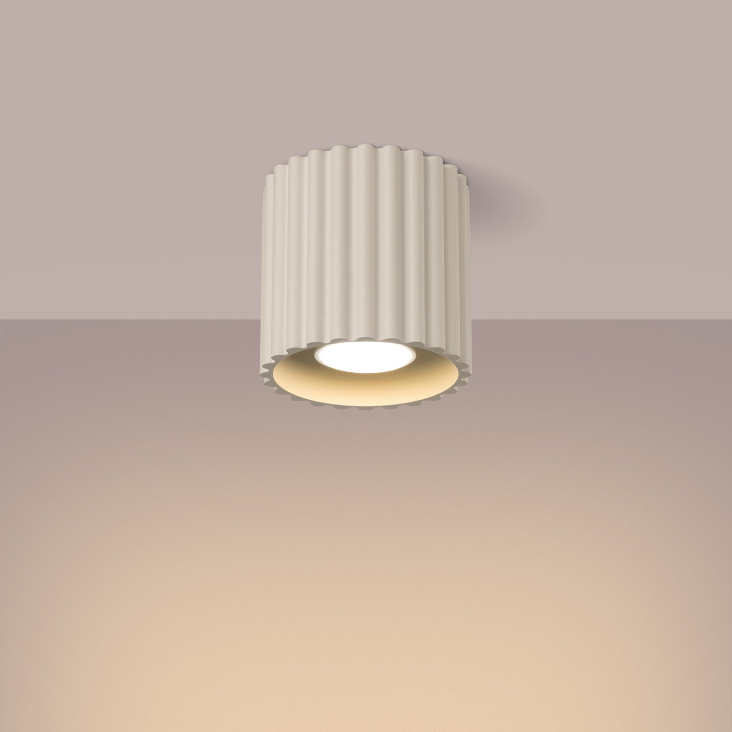 Beige Square Cube Surface Spotlight switched on in modern UK home interior, warm LED glow