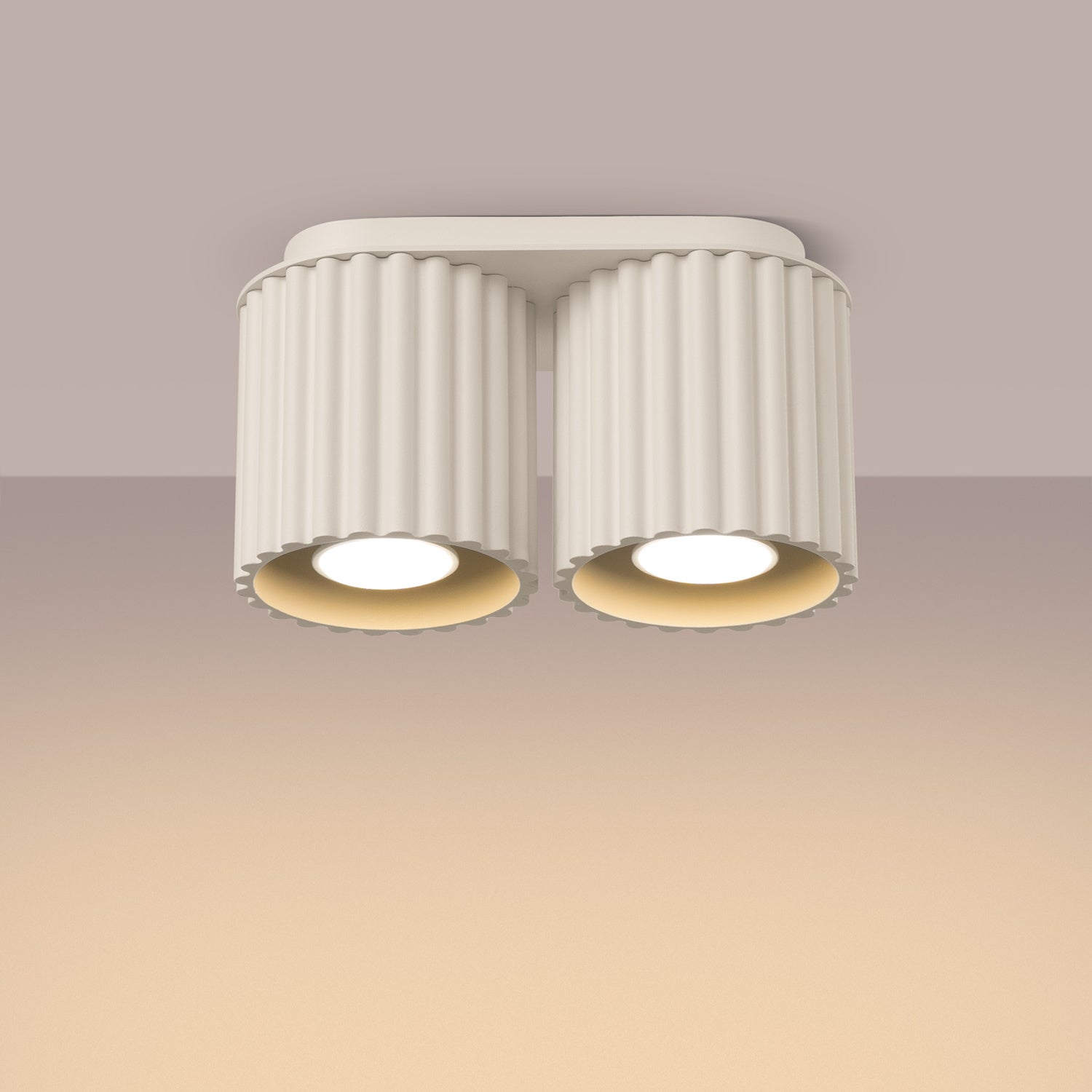 Beige Twin Cube Surface Spotlight Bar switched on in modern UK home interior, warm LED glow