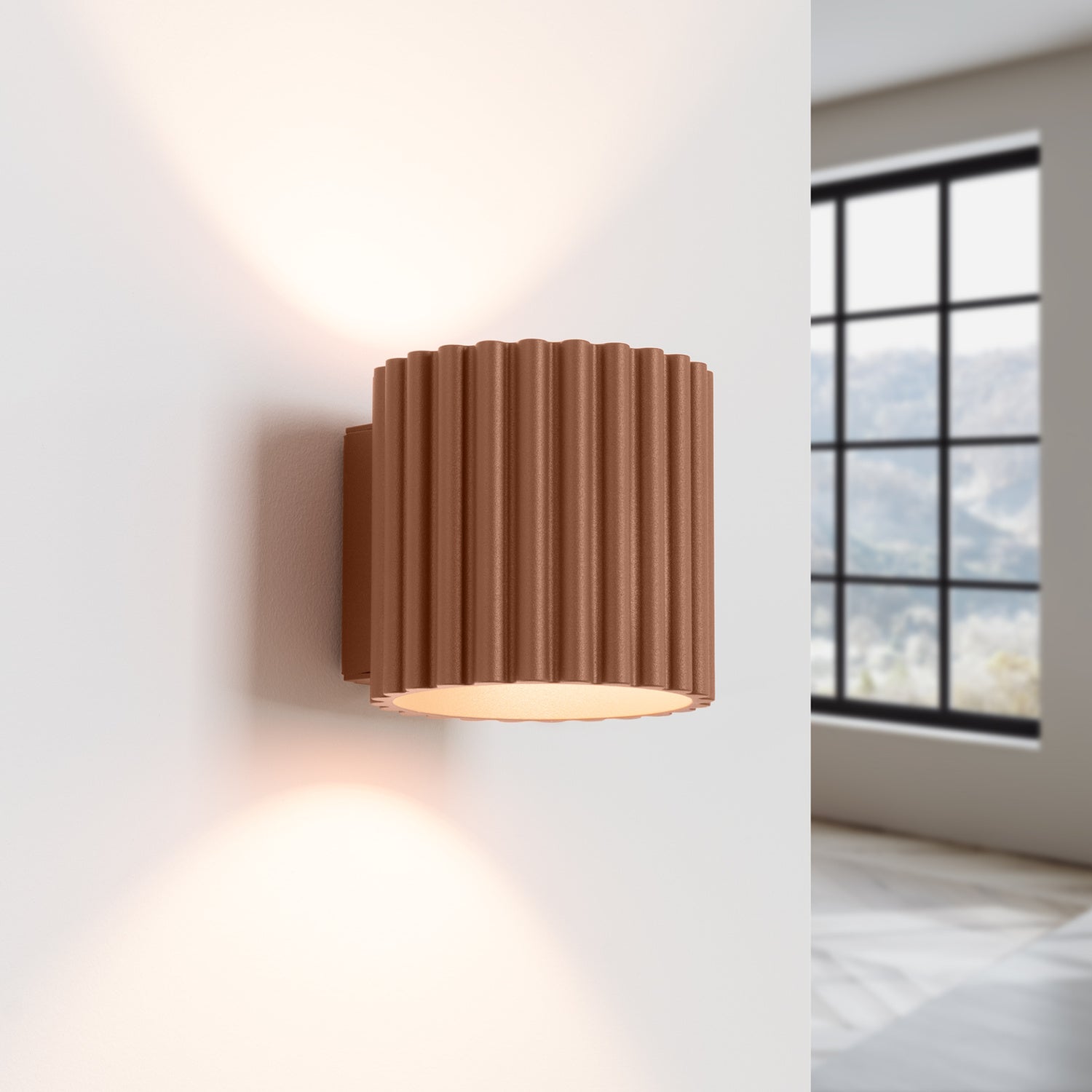 Mocha Square Up Down Wall Light switched on in modern UK home interior, warm LED glow