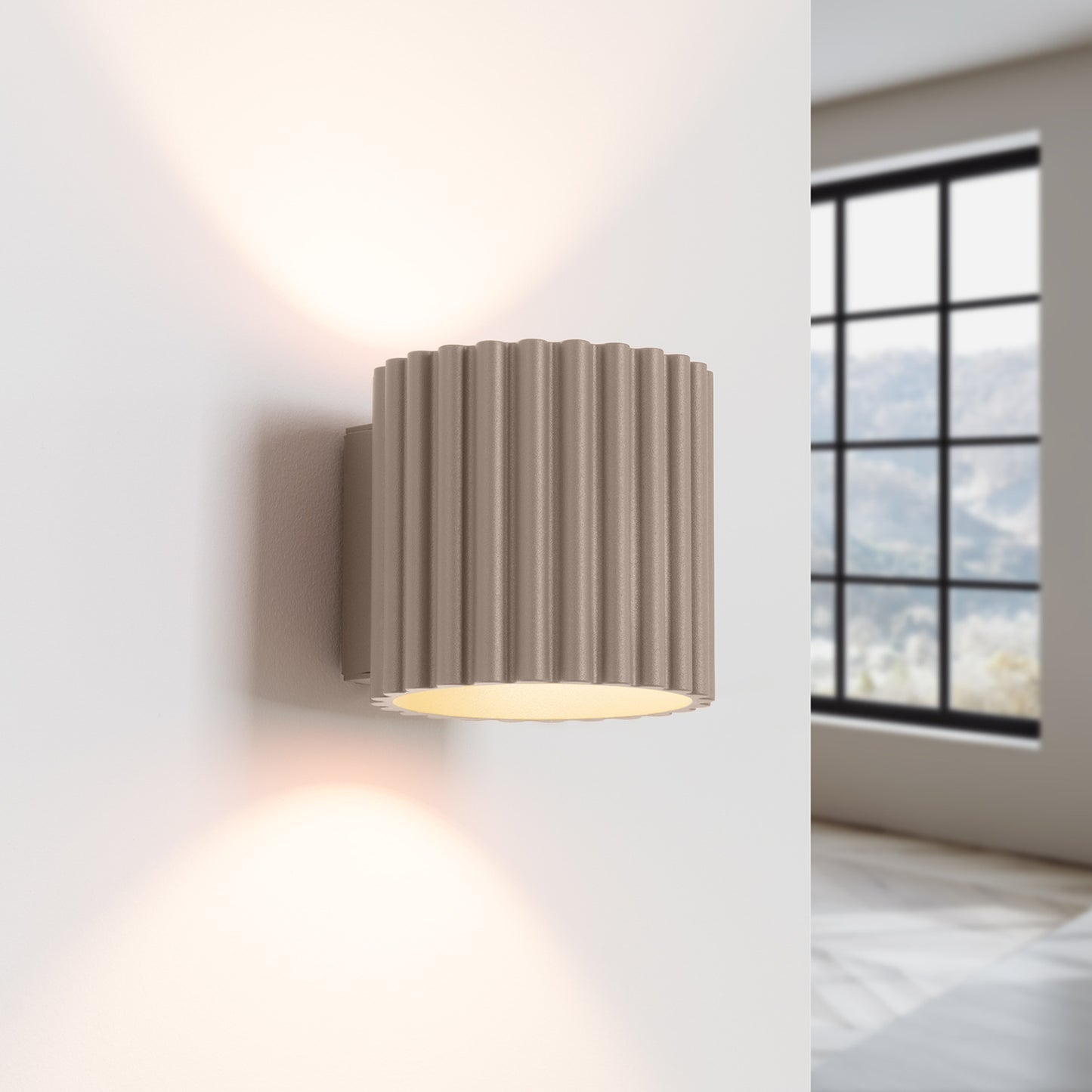 Taupe Square Up Down Wall Light switched on in modern UK home interior, warm LED glow