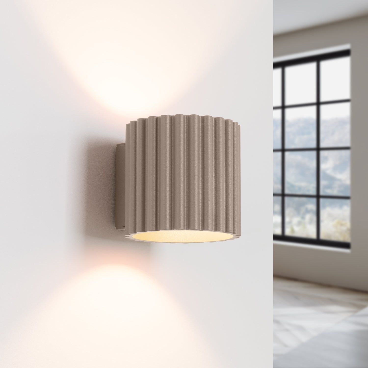 Taupe Square Up Down Wall Light switched on in modern UK home interior, warm LED glow