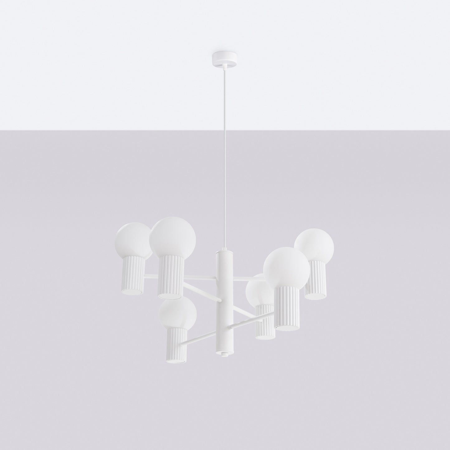 White 6 Light Glass Globe Chandelier technical view and dimensions reference