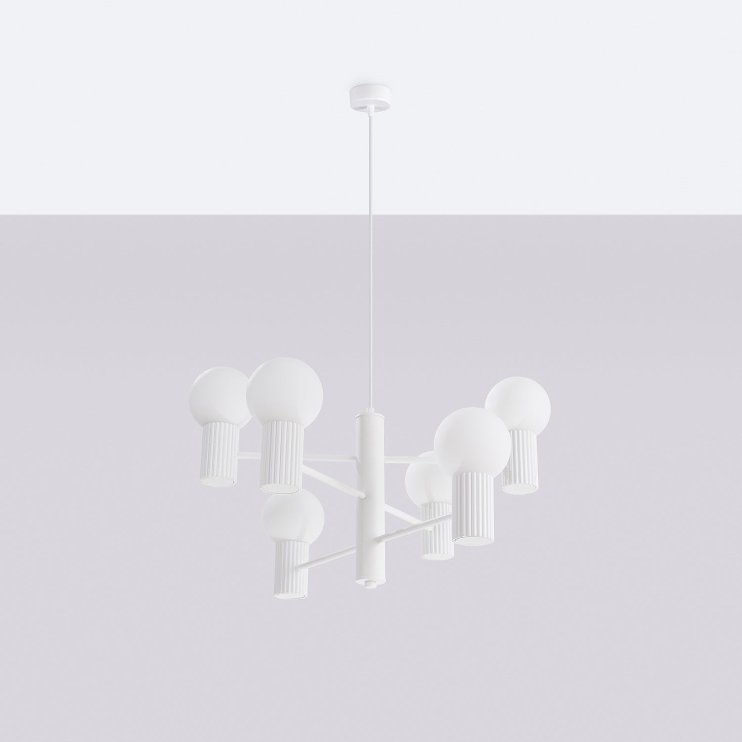 White 6 Light Glass Globe Chandelier technical view and dimensions reference