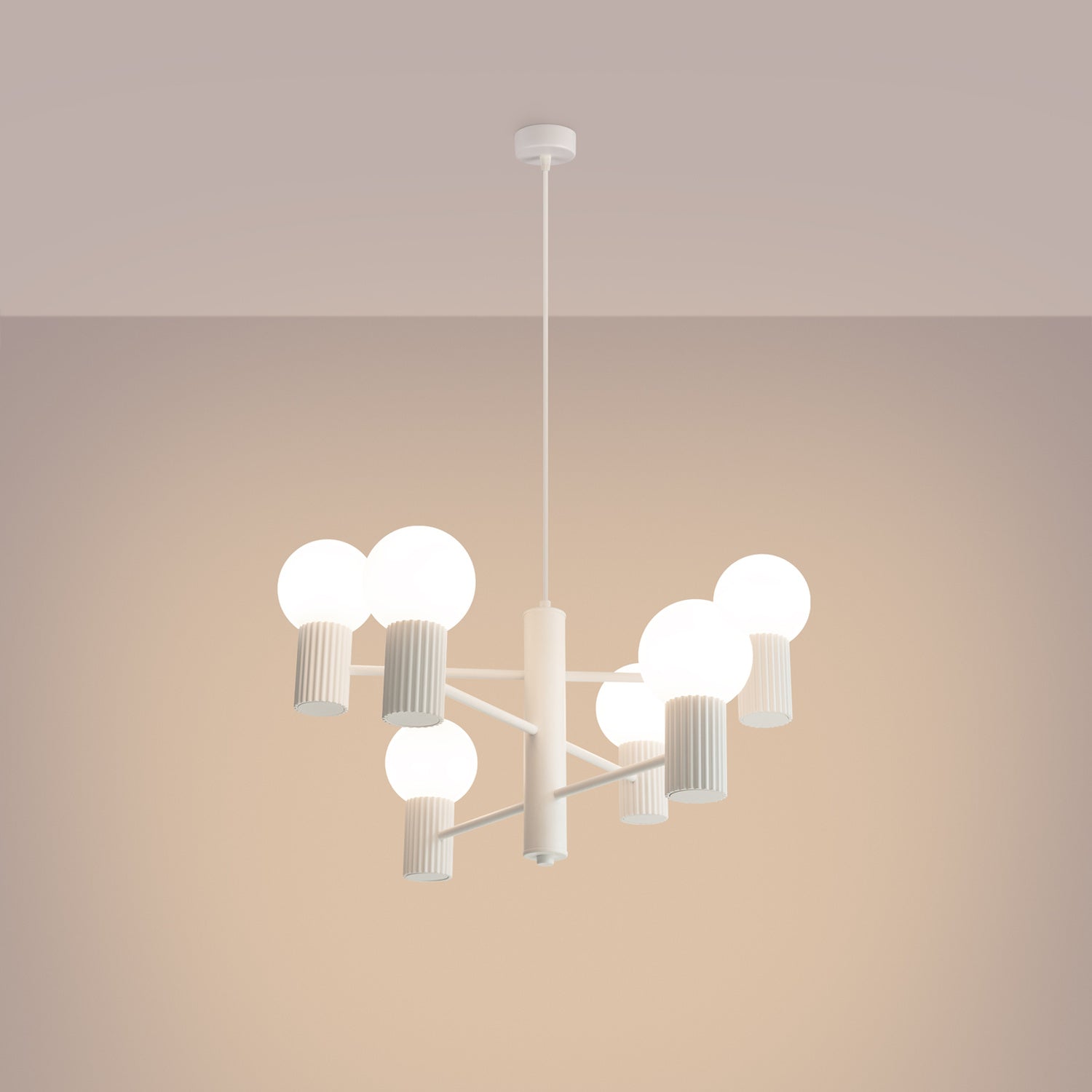 White 6 Light Glass Globe Chandelier switched on in modern UK home interior, warm LED glow